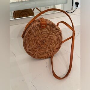 Handmade Bali Rattan Round Woven Crossbody Bag, Beach Purse, Vacation Purse